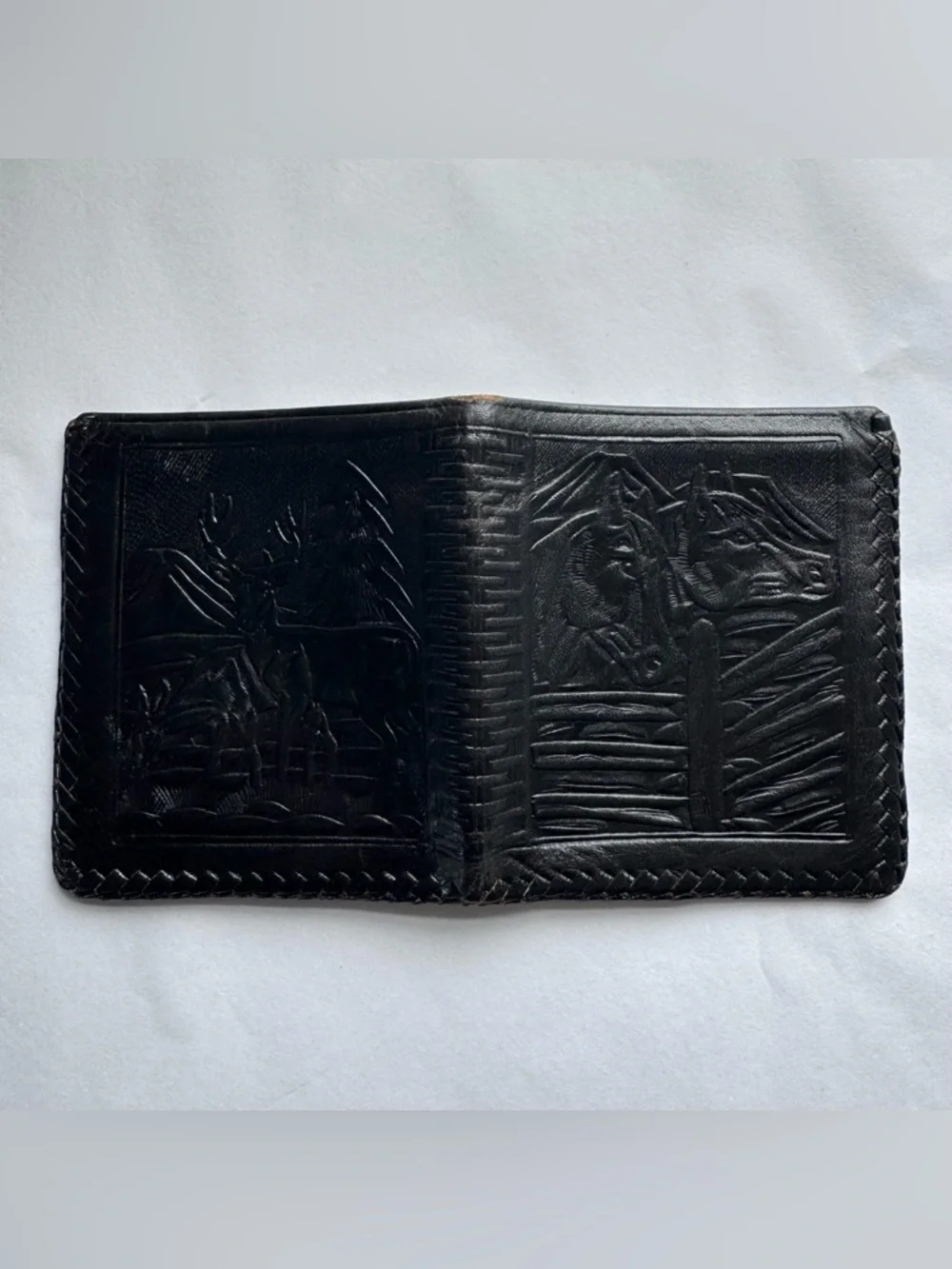 Black Genuine Leather Tooled Wallet Horses Deer Animals Western Made in Mexico